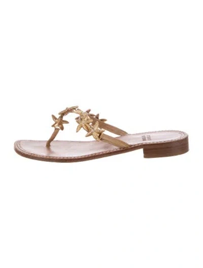 Pre-owned Stuart Weitzman Leather Crystal Embellishments Flip Flops In Gold