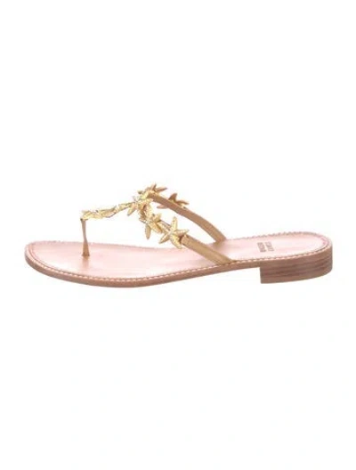 Pre-owned Stuart Weitzman Leather Crystal Embellishments Flip Flops In Gold