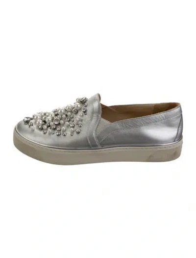 Pre-owned Stuart Weitzman Leather Crystal Embellishments Loafers In Silver