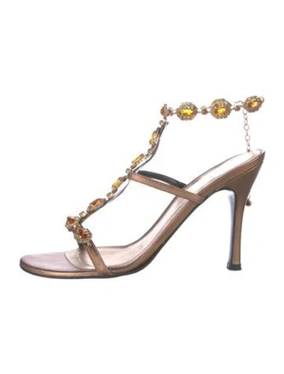 Pre-owned Stuart Weitzman Leather Crystal Embellishments Sandals In Gold