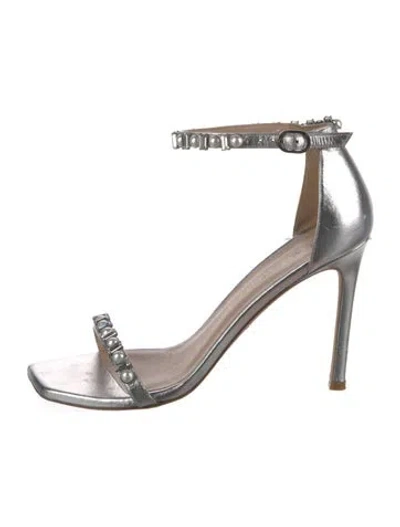 Pre-owned Stuart Weitzman Leather Crystal Embellishments Sandals In Silver