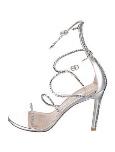 Pre-owned Stuart Weitzman Leather Crystal Embellishments Sandals In Silver
