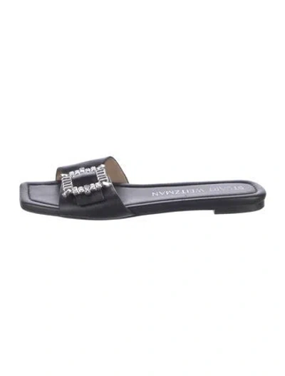Pre-owned Stuart Weitzman Leather Crystal Embellishments Slides In Black