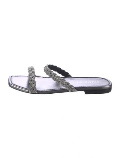 Pre-owned Stuart Weitzman Leather Crystal Embellishments Slides In Metallic/silver