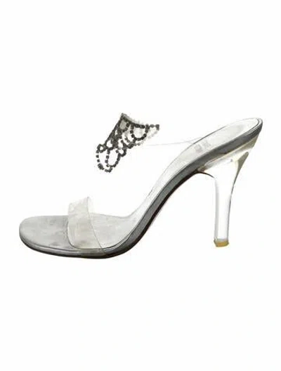 Pre-owned Stuart Weitzman Leather Crystal Embellishments Slides In Silver