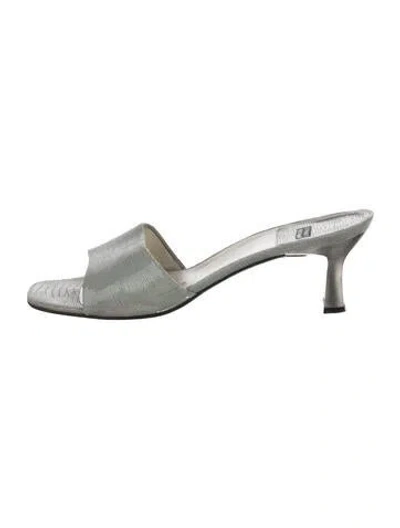 Pre-owned Stuart Weitzman Leather Crystal Embellishments Slides In Silver