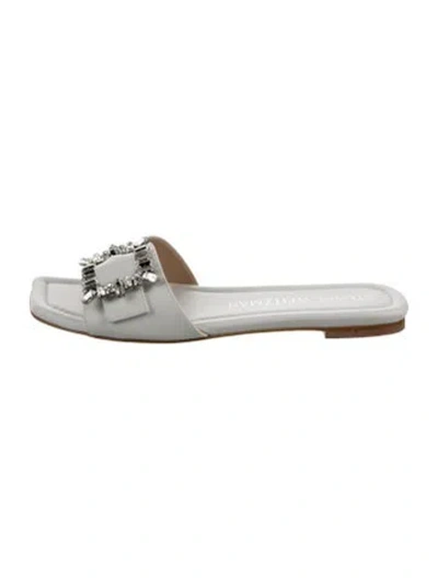 Pre-owned Stuart Weitzman Leather Crystal Embellishments Slides In White