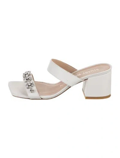 Pre-owned Stuart Weitzman Leather Crystal Embellishments Slides In White