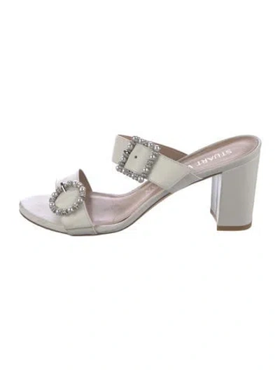 Pre-owned Stuart Weitzman Leather Crystal Embellishments Slides In White