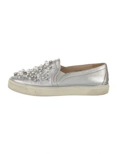 Pre-owned Stuart Weitzman Leather Crystal Embellishments Sneakers