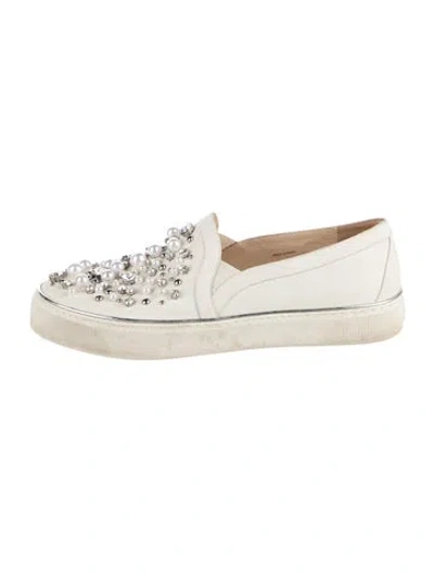 Pre-owned Stuart Weitzman Leather Crystal Embellishments Sneakers In Neutral