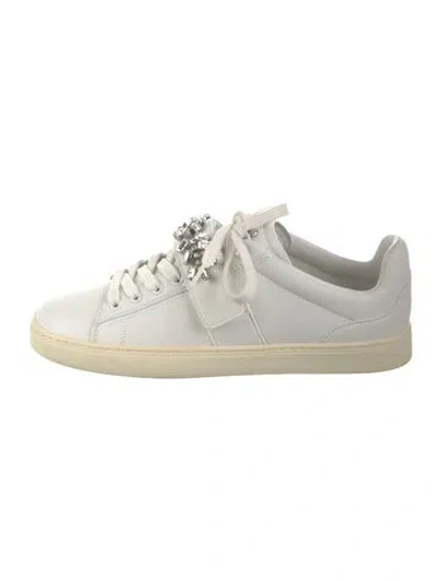 Pre-owned Stuart Weitzman Leather Crystal Embellishments Sneakers In White