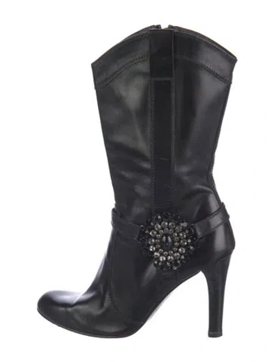 Pre-owned Stuart Weitzman Leather Crystal Embellishments Western Boots In Black