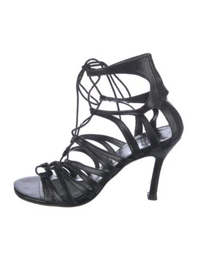 Pre-owned Stuart Weitzman Leather Cutout Accent Gladiator Sandals In Black