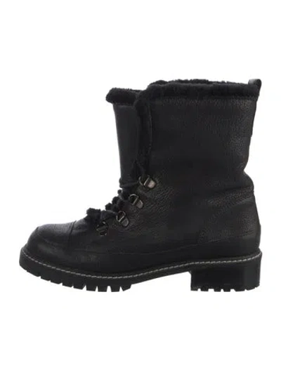 Pre-owned Stuart Weitzman Leather Faux Fur Trim Combat Boots In Black