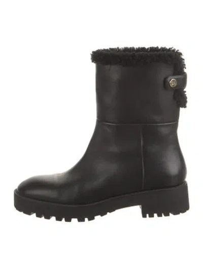 Pre-owned Stuart Weitzman Leather Faux Fur Trim Moto Boots In Black