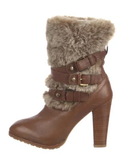Pre-owned Stuart Weitzman Leather Faux Fur Trim Moto Boots In Brown