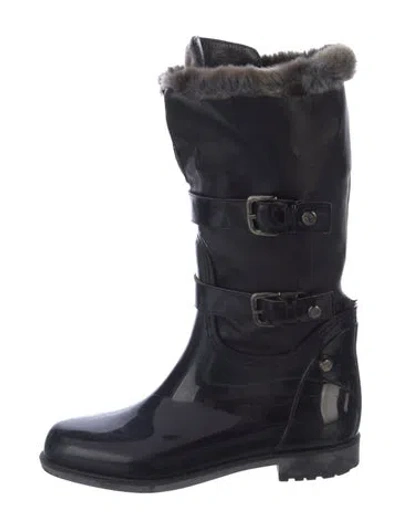 Pre-owned Stuart Weitzman Leather Faux Fur Trim Rain Boots In Black