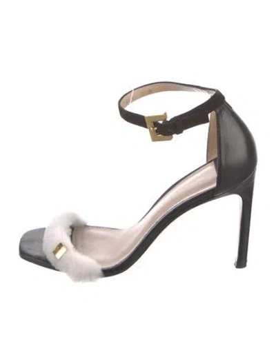 Pre-owned Stuart Weitzman Leather Faux Fur Trim Sandals In Black