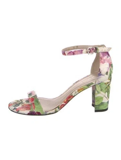 Pre-owned Stuart Weitzman Leather Floral Print Sandals In White