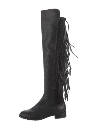 Pre-owned Stuart Weitzman Leather Fringe Trim Accent Boots In Black