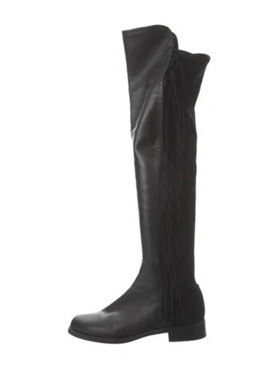 Pre-owned Stuart Weitzman Leather Fringe Trim Accent Boots In Black