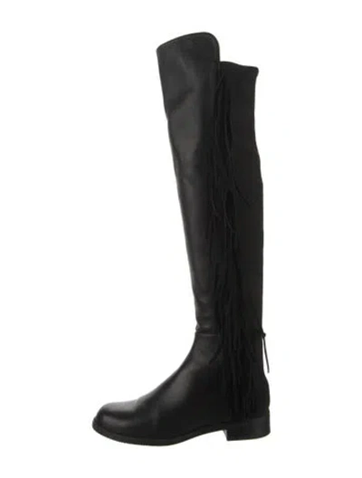 Pre-owned Stuart Weitzman Leather Fringe Trim Accent Boots In Black