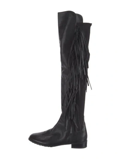 Pre-owned Stuart Weitzman Leather Fringe Trim Accent Boots In Black