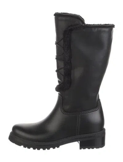 Pre-owned Stuart Weitzman Leather Fur Trim Rain Boots In Black