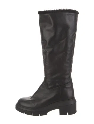 Pre-owned Stuart Weitzman Leather Fur Trim Riding Boots In Black