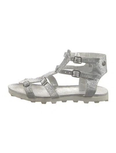 Pre-owned Stuart Weitzman Leather Glitter Accents Gladiator Sandals In Silver