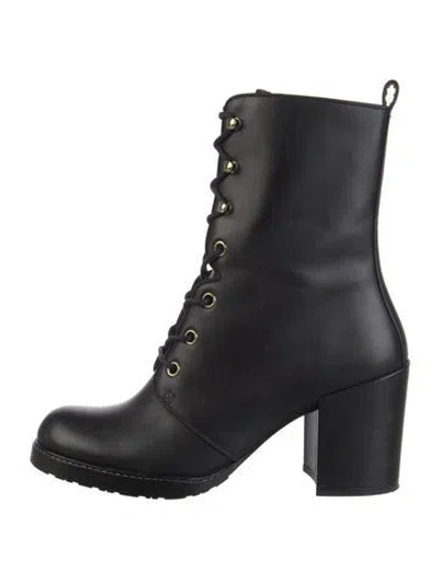Pre-owned Stuart Weitzman Leather Grosgrain Trim Combat Boots In Black