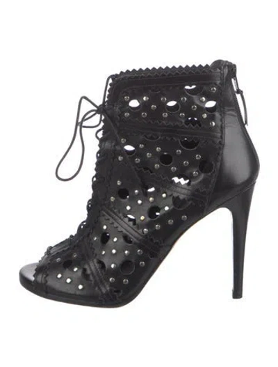 Pre-owned Stuart Weitzman Leather Lasercut Accents Lace-up Boots In Black