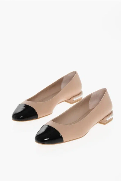 STUART WEITZMAN LEATHER PEARL BALLET FLATS WITH PATENT CONTRASTING TOE