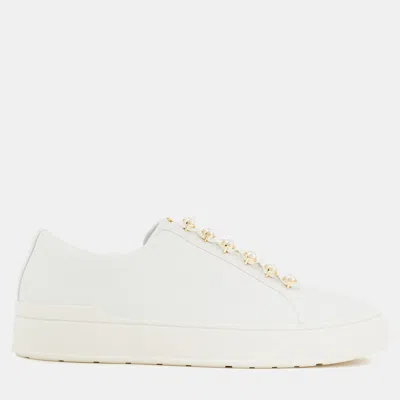 Pre-owned Stuart Weitzman Leather Pearl Embellished Sneakers Size 42 In White