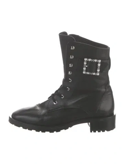Pre-owned Stuart Weitzman Leather Printed Combat Boots In Black