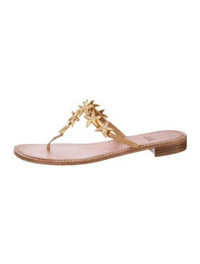 Pre-owned Stuart Weitzman Leather Printed T-strap Sandals In Gold