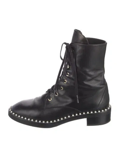 Pre-owned Stuart Weitzman Leather Studded Accents Combat Boots In Black