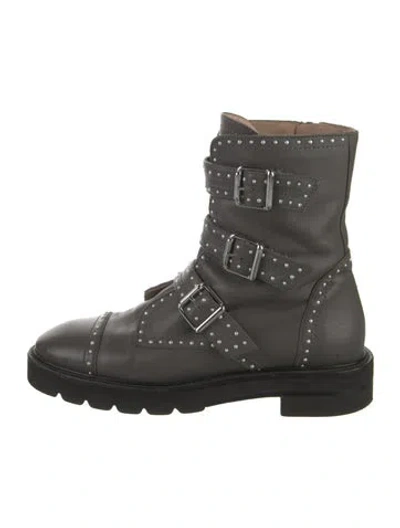Pre-owned Stuart Weitzman Leather Studded Accents Combat Boots In Gray