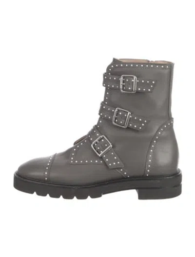 Pre-owned Stuart Weitzman Leather Studded Accents Combat Boots In Grey
