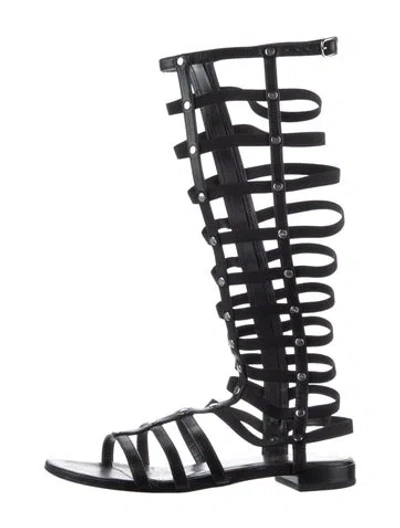 Pre-owned Stuart Weitzman Leather Studded Accents Gladiator Sandals In Black