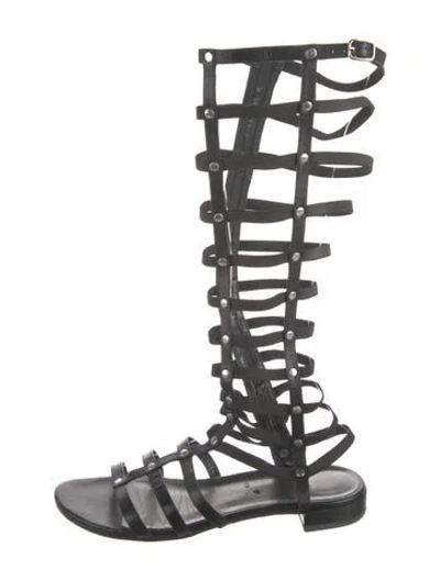Pre-owned Stuart Weitzman Leather Studded Accents Gladiator Sandals In Black