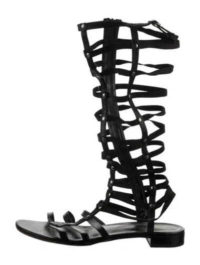 Pre-owned Stuart Weitzman Leather Studded Accents Gladiator Sandals In Black
