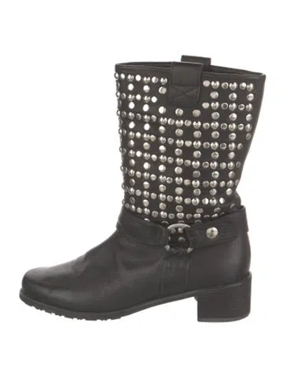 Pre-owned Stuart Weitzman Leather Studded Accents Moto Boots In Black