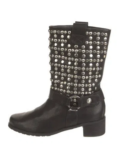 Pre-owned Stuart Weitzman Leather Studded Accents Moto Boots In Black