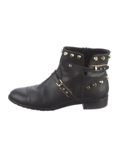 Pre-owned Stuart Weitzman Leather Studded Accents Moto Boots In Black