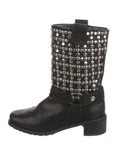 Pre-owned Stuart Weitzman Leather Studded Accents Moto Boots In Black