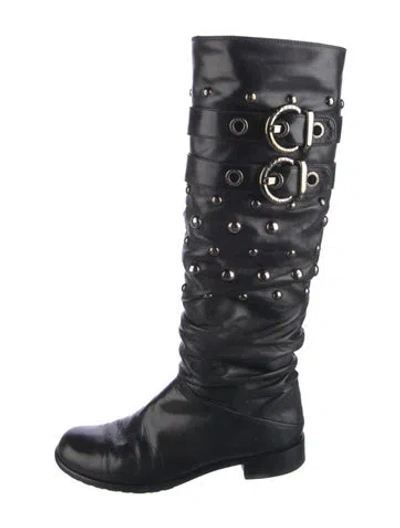 Pre-owned Stuart Weitzman Leather Studded Accents Riding Boots In Black