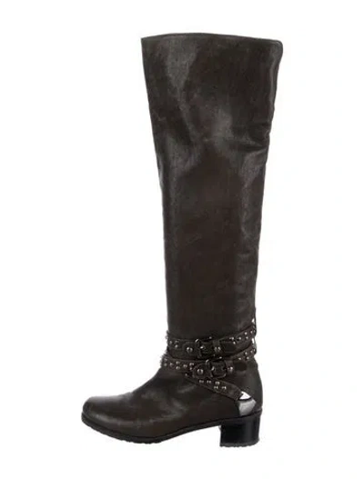 Pre-owned Stuart Weitzman Leather Studded Accents Riding Boots In Gray