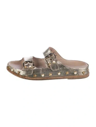Pre-owned Stuart Weitzman Leather Studded Accents Slides In Gold/metallic